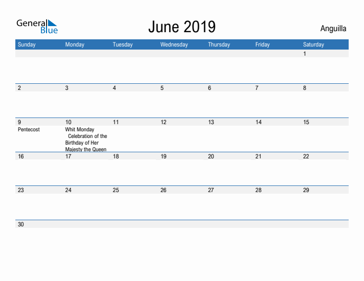 Fillable June 2019 Calendar