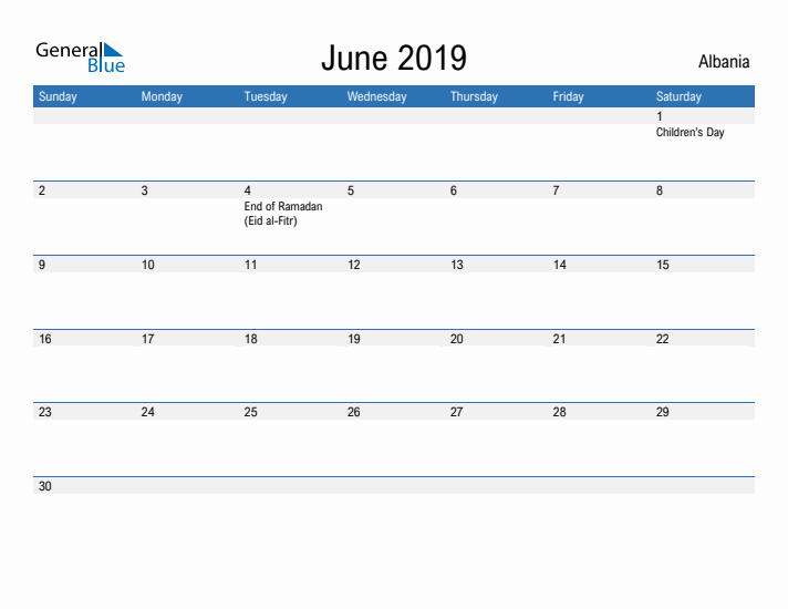 Fillable June 2019 Calendar