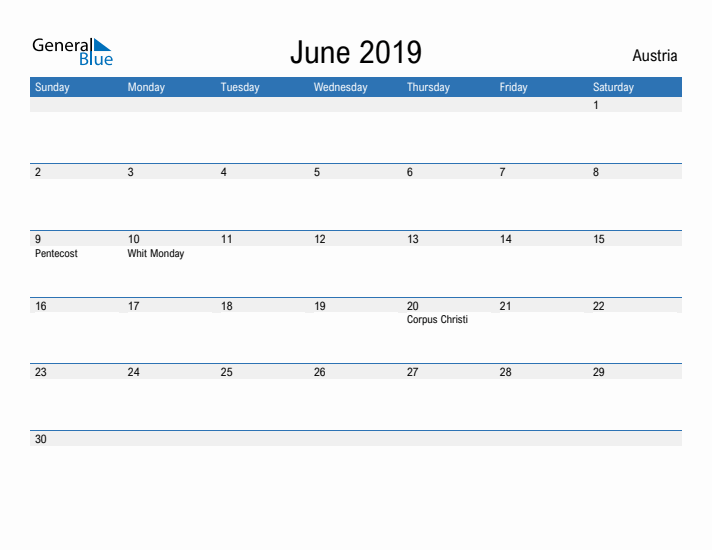 Fillable June 2019 Calendar