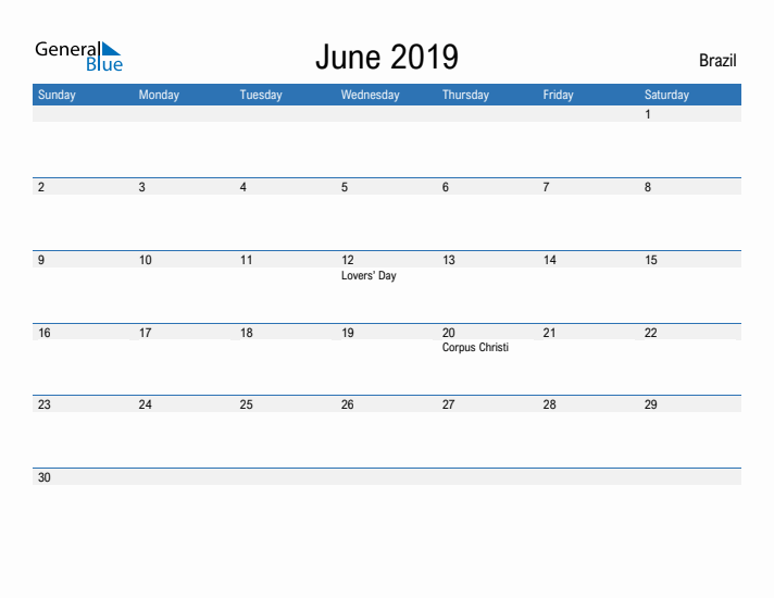 Fillable June 2019 Calendar