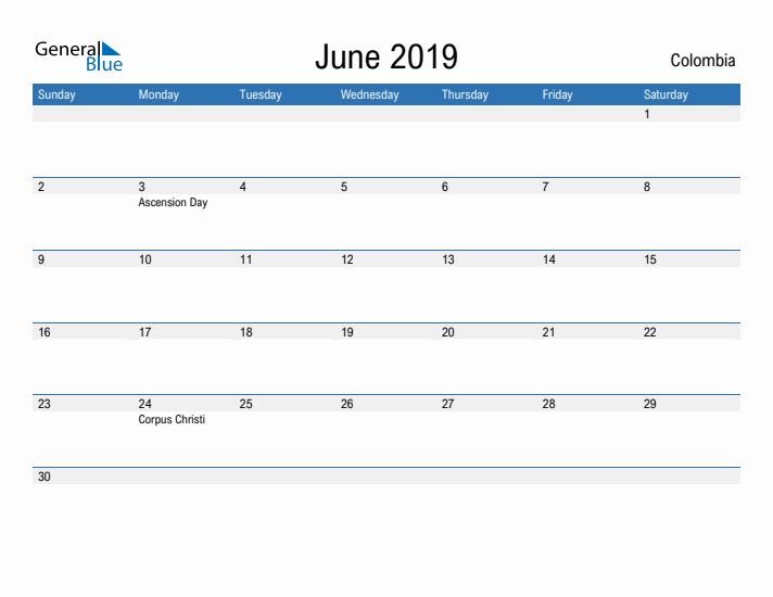 Fillable June 2019 Calendar