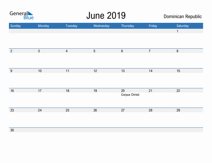 Fillable June 2019 Calendar