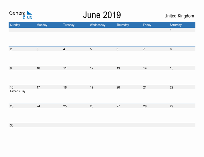 Fillable June 2019 Calendar