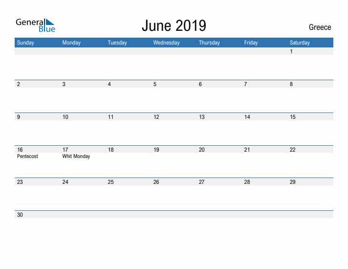 Fillable June 2019 Calendar