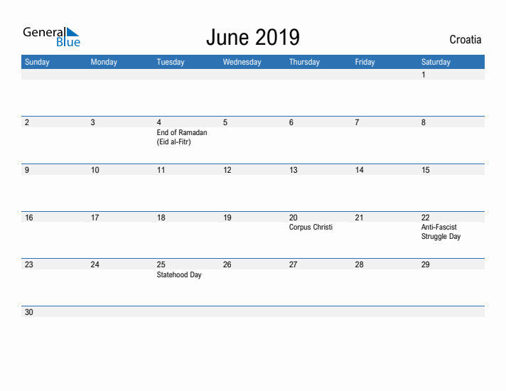 Fillable June 2019 Calendar