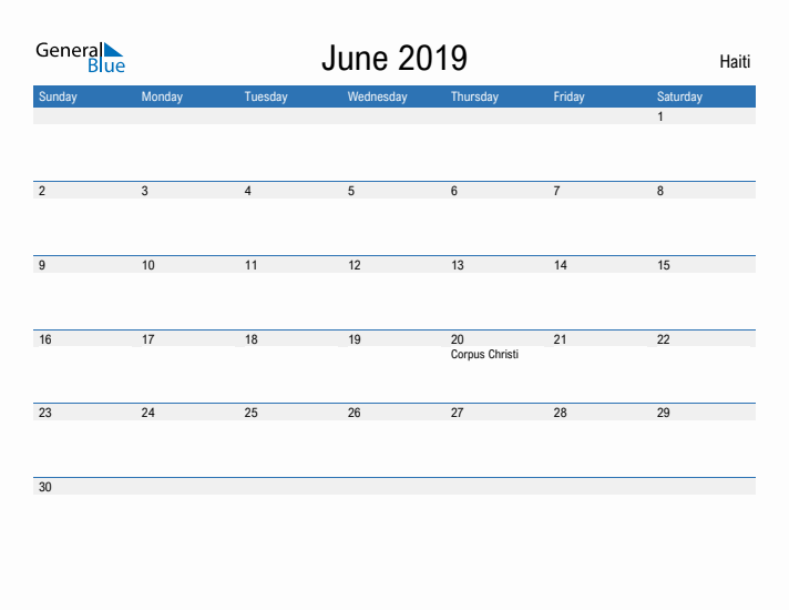 Fillable June 2019 Calendar