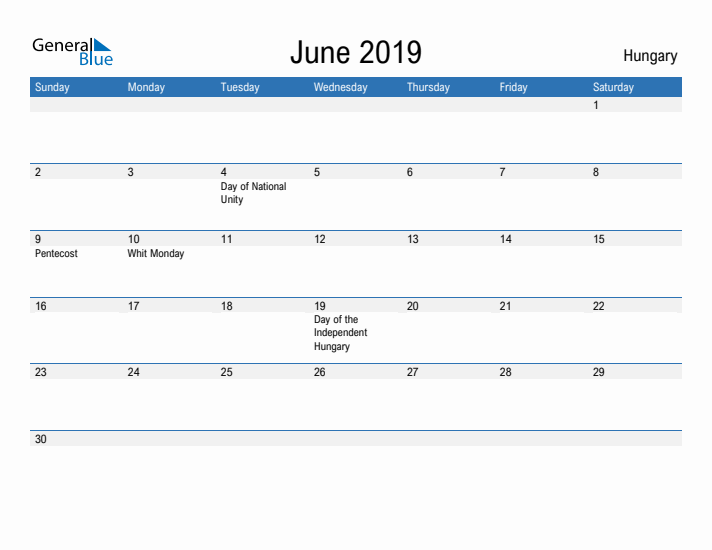 Fillable June 2019 Calendar