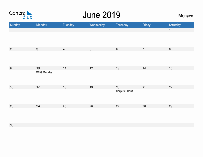 Fillable June 2019 Calendar