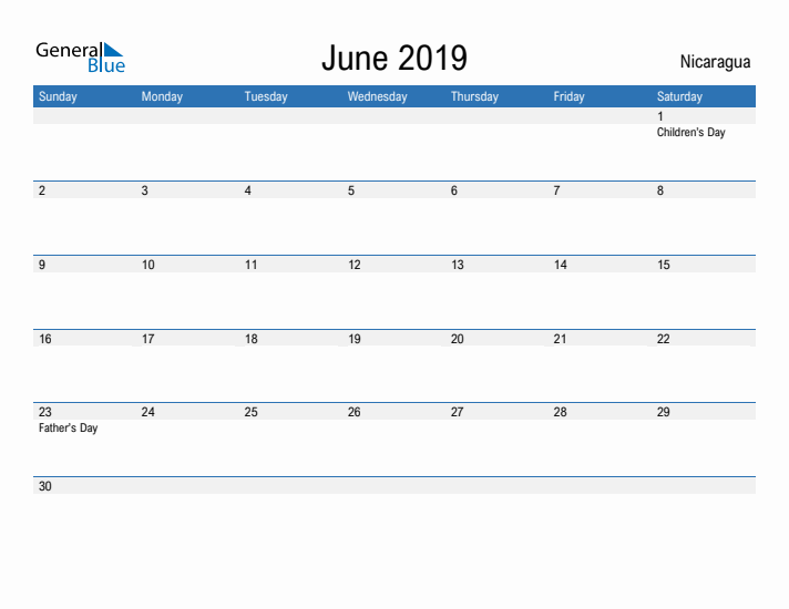 Fillable June 2019 Calendar