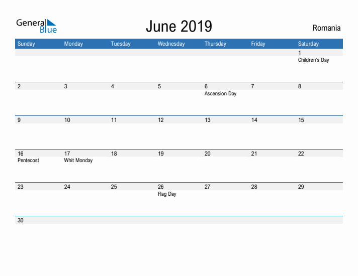 Fillable June 2019 Calendar