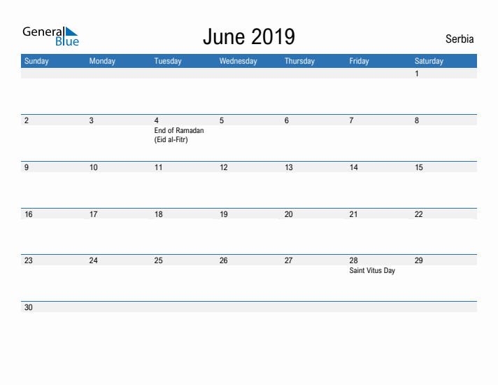 Fillable June 2019 Calendar