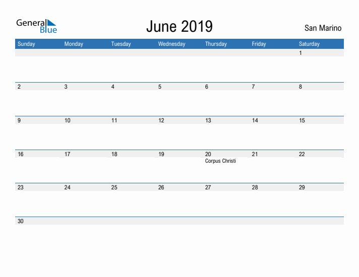 Fillable June 2019 Calendar