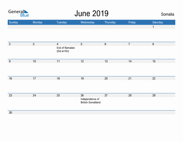 Fillable June 2019 Calendar