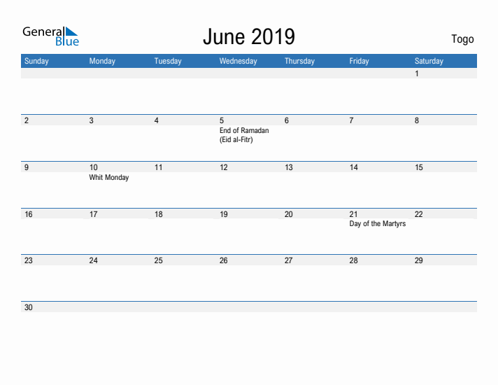 Fillable June 2019 Calendar