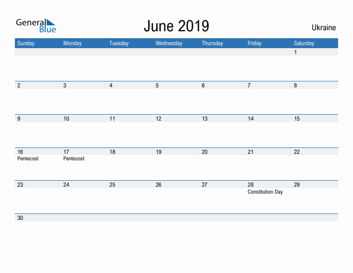 Fillable June 2019 Calendar