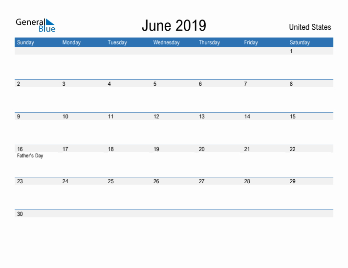 Fillable June 2019 Calendar