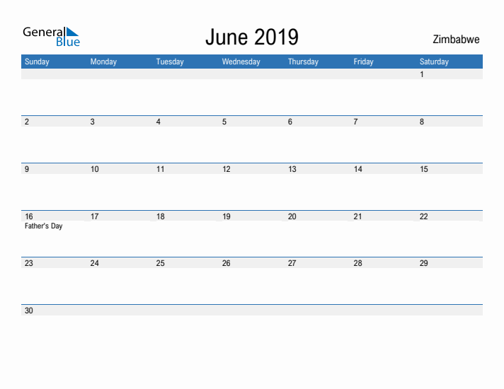 Fillable June 2019 Calendar