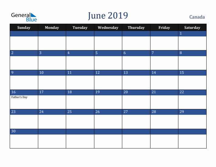 June 2019 Canada Calendar (Sunday Start)