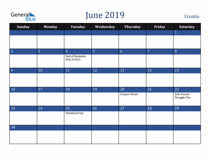 June 2019 Croatia Calendar (Sunday Start)