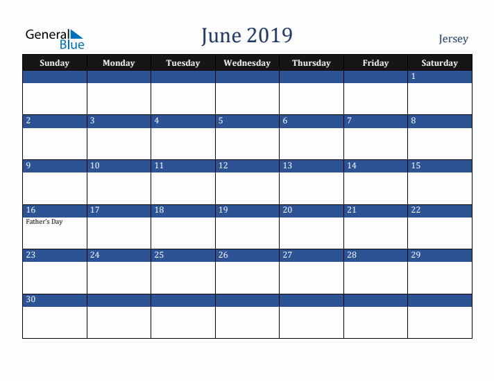 June 2019 Jersey Calendar (Sunday Start)