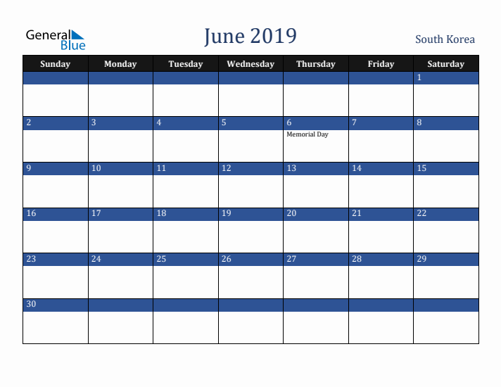 June 2019 South Korea Calendar (Sunday Start)