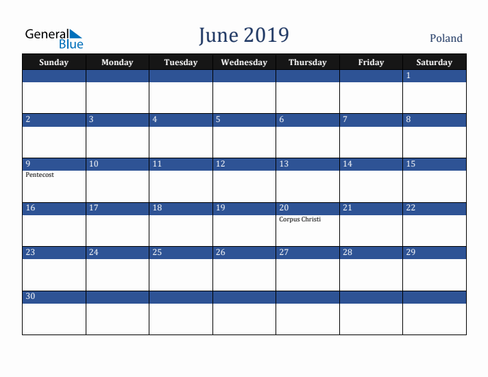 June 2019 Poland Calendar (Sunday Start)