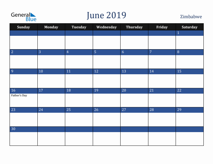 June 2019 Zimbabwe Calendar (Sunday Start)