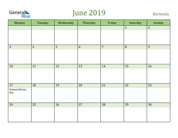 June 2019 Calendar with Bermuda Holidays