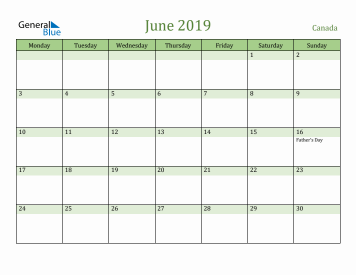 June 2019 Calendar with Canada Holidays