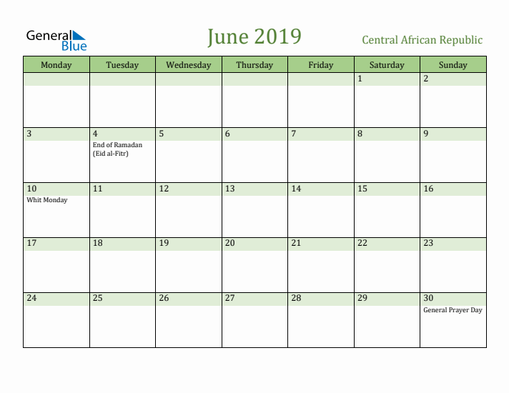 June 2019 Calendar with Central African Republic Holidays