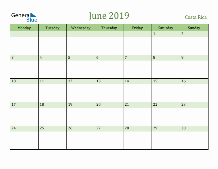 June 2019 Calendar with Costa Rica Holidays