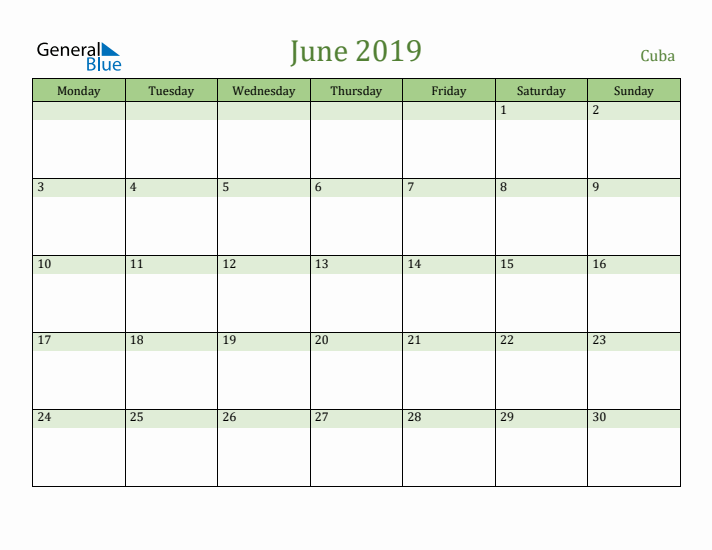 June 2019 Calendar with Cuba Holidays