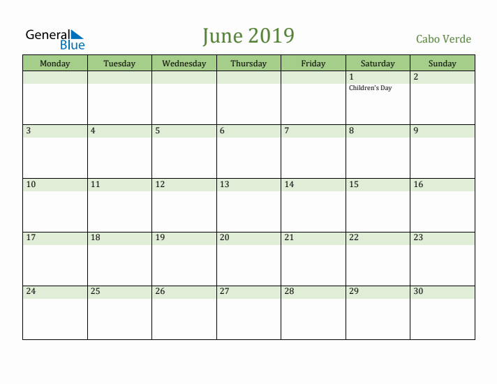 June 2019 Calendar with Cabo Verde Holidays