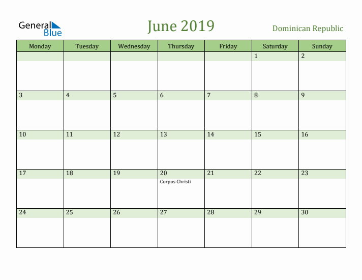 June 2019 Calendar with Dominican Republic Holidays