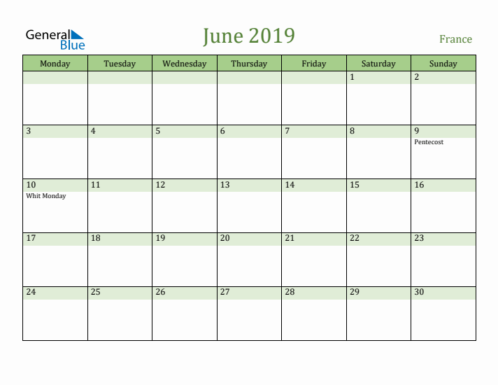 June 2019 Calendar with France Holidays