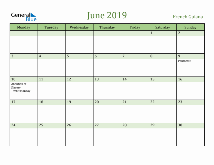 June 2019 Calendar with French Guiana Holidays