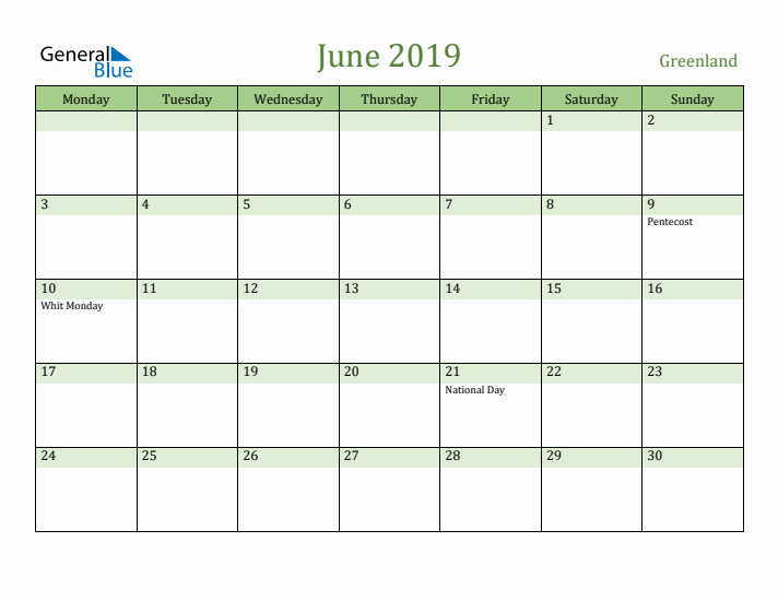 June 2019 Calendar with Greenland Holidays