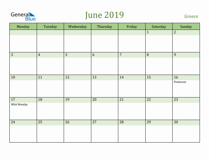 June 2019 Calendar with Greece Holidays