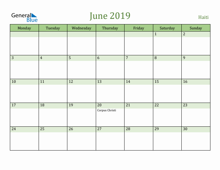 June 2019 Calendar with Haiti Holidays