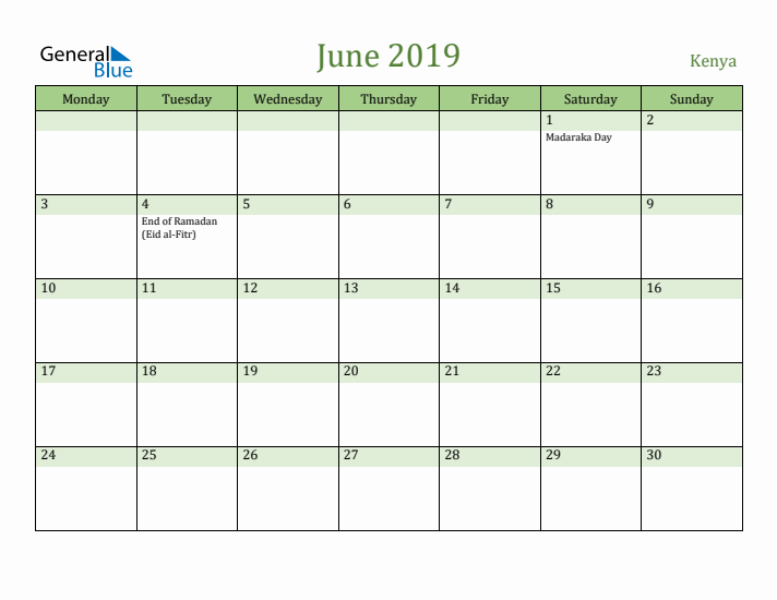 June 2019 Calendar with Kenya Holidays