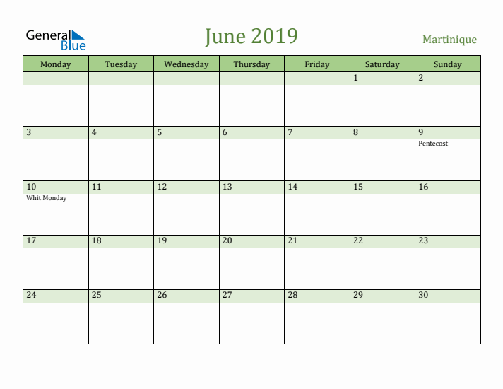 June 2019 Calendar with Martinique Holidays