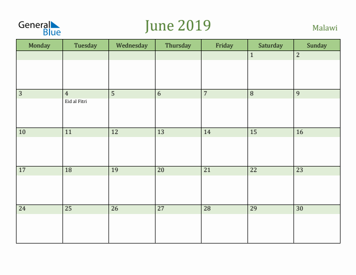 June 2019 Calendar with Malawi Holidays