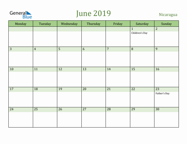 June 2019 Calendar with Nicaragua Holidays