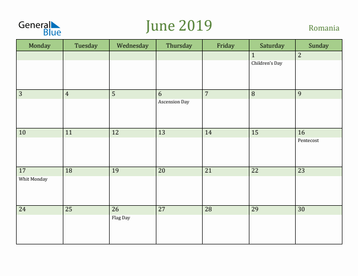 June 2019 Calendar with Romania Holidays