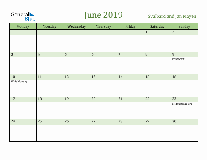 June 2019 Calendar with Svalbard and Jan Mayen Holidays