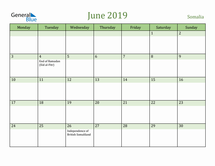 June 2019 Calendar with Somalia Holidays