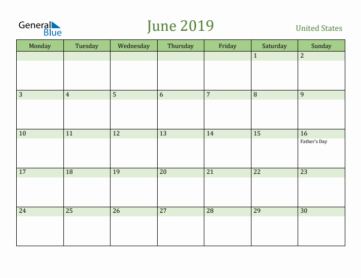 June 2019 Calendar with United States Holidays