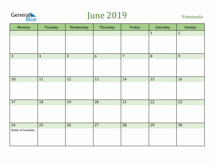 June 2019 Calendar with Venezuela Holidays