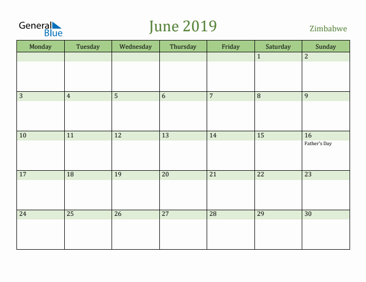 June 2019 Calendar with Zimbabwe Holidays