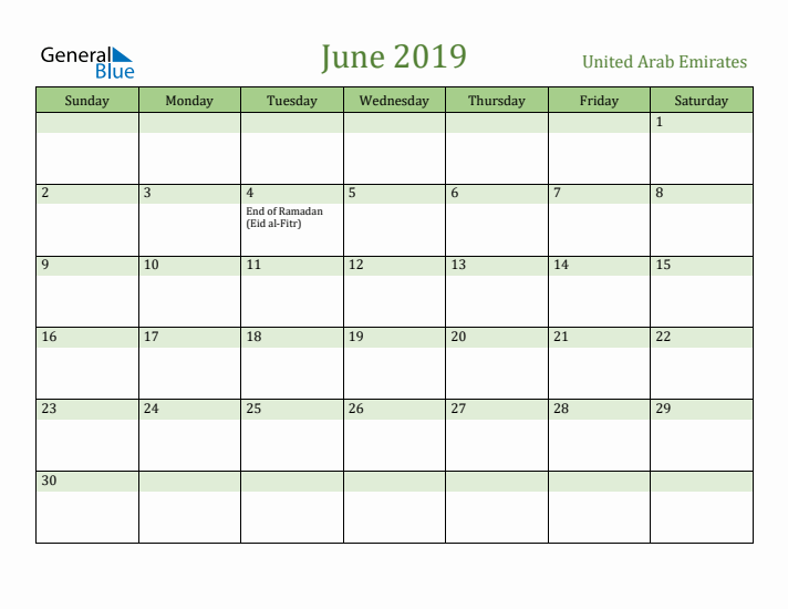 June 2019 Calendar with United Arab Emirates Holidays